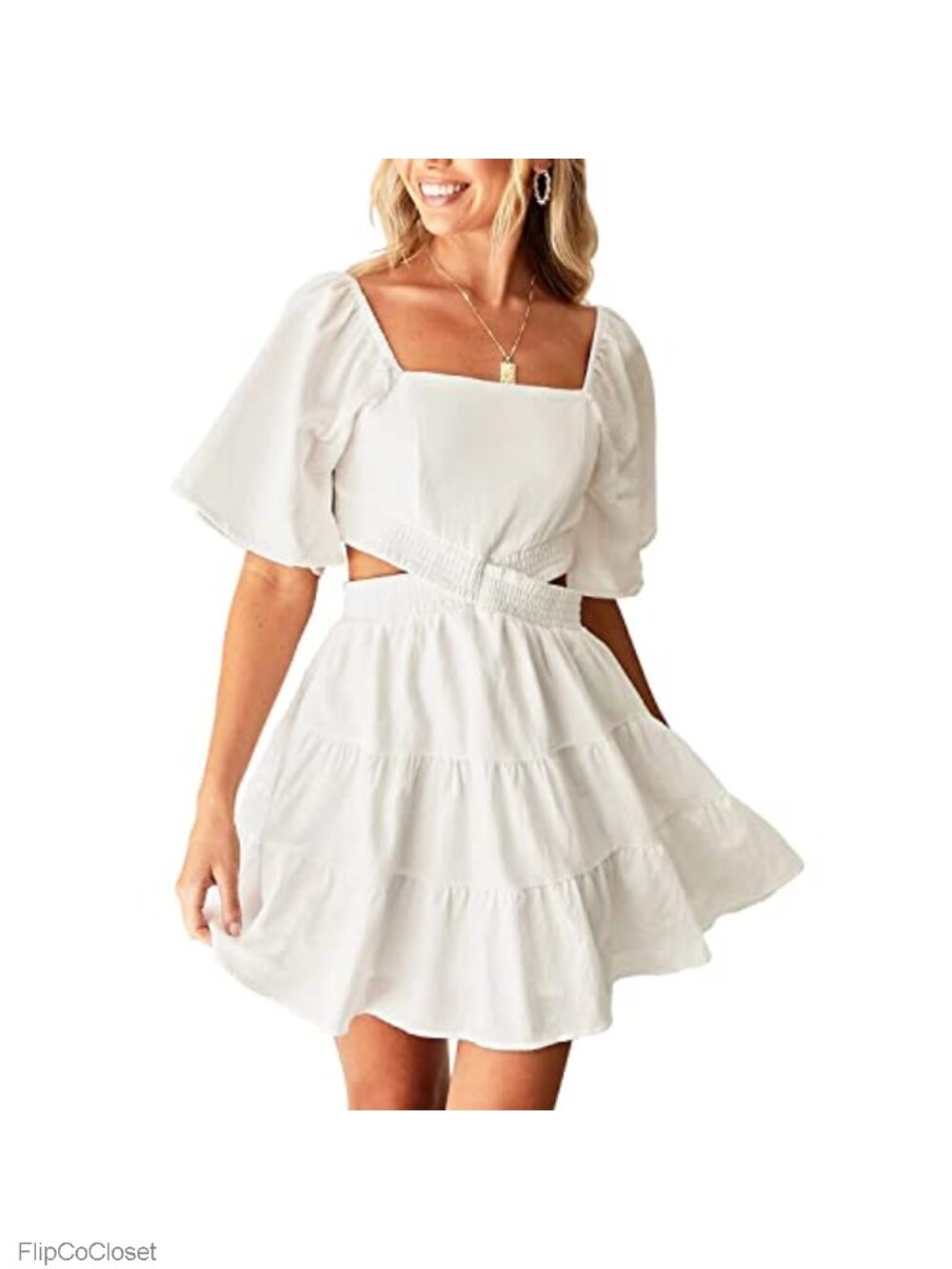 Women's Square Neck Mini Dress Crossover Elastic Waist Casual Tiered Ruffle